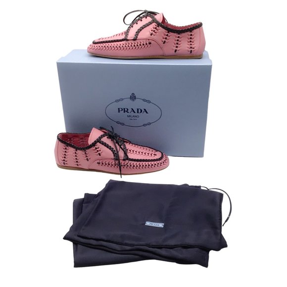 PRADA PINK / BLACK 2019 WOVEN LACE-UP MOCCASINS / FLATS - Picture 8 of 8